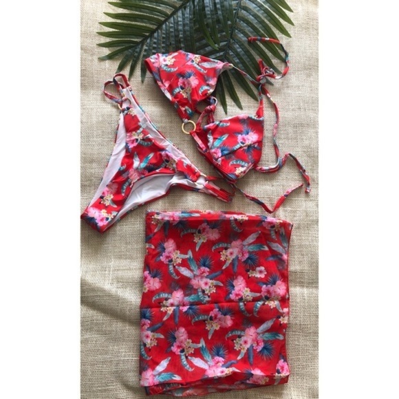 3-Piece Tropical Print Bikini Top and Cheeky Bottom w/ Matching Wrap SIZES M & L - Picture 10 of 11